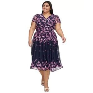DKNY Women's Plus Size Floral Print Cap Sleeve Chiffon Midi Dress Navy Pink 18W